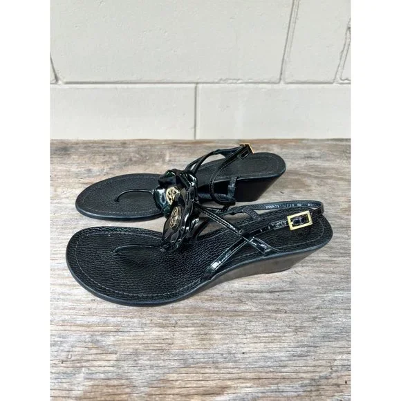TORY BURCH Reva Logo Flower Blossom Logo Thong Wedge Sandals Breely 8 - Picture 6 of 10